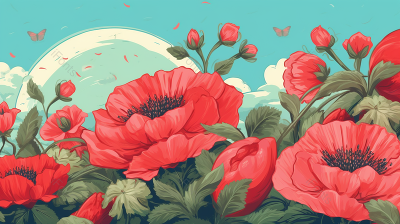 红色花丛中花朵绽放盛开蓝天白云夏天自然景色户外插画,插画/手绘图,插画/手绘图库,插画/手绘图下载,插画/手绘